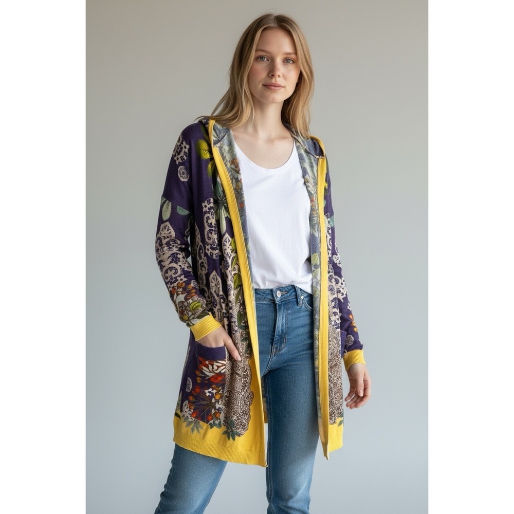 Johnny Was Sz M Reversible Hooded Floral Knit Cardigan Cotton Sweater